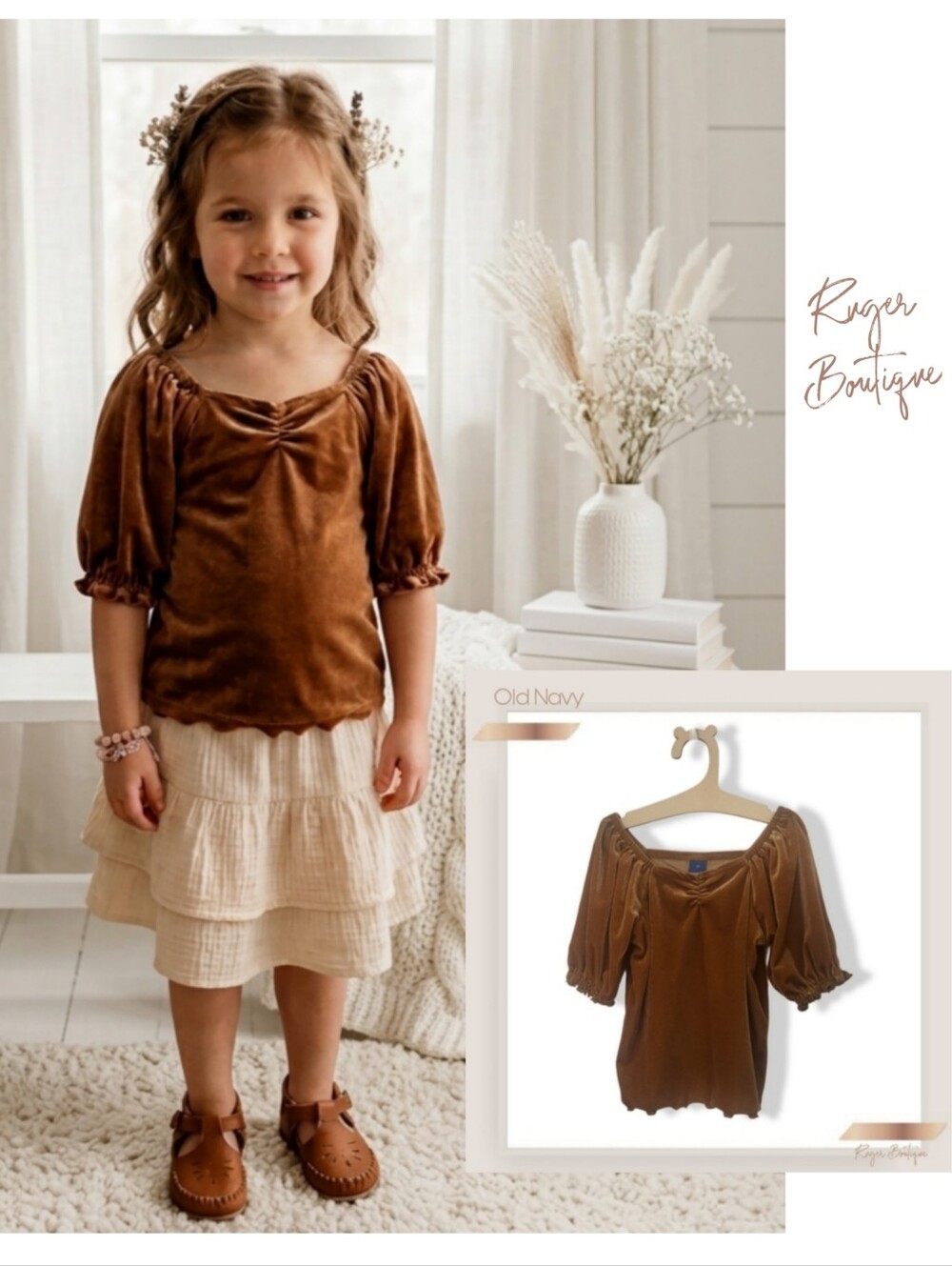 🌿Old Navy | 4T Tan Velvet Puff Sleeve Top Boho Cottagecore